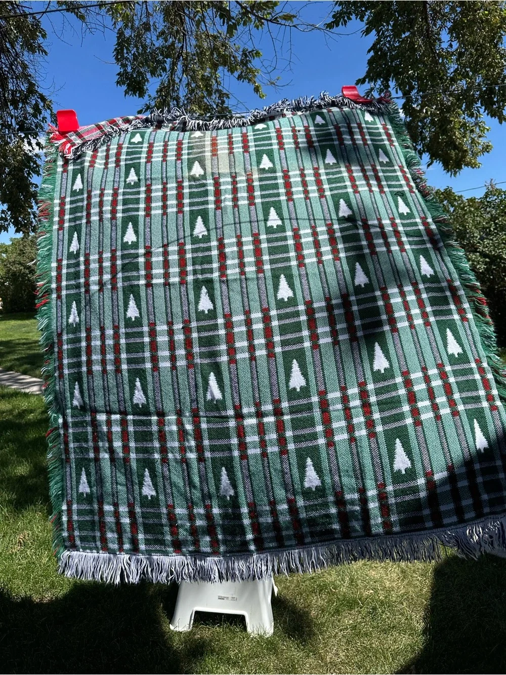 Holiday Plaid Throw Blanket with Pine Tree Motif - Red & Green reversible fringe